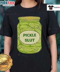 Nice Pickle Slut Jar of Cucumbers Ladies Tee featuring a fun pickle graphic and vibrant colors for pickle lovers.