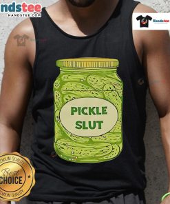 Nice Pickle Slut jar of cucumbers tank top design featuring vibrant graphics and playful text for pickle enthusiasts.