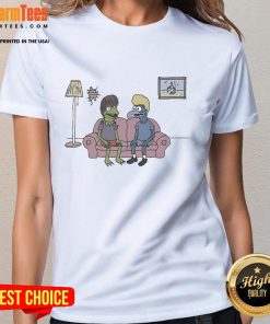 Colorful cartoon frog graphic on a ladies tee, perfect for frog lovers and casual wear enthusiasts.