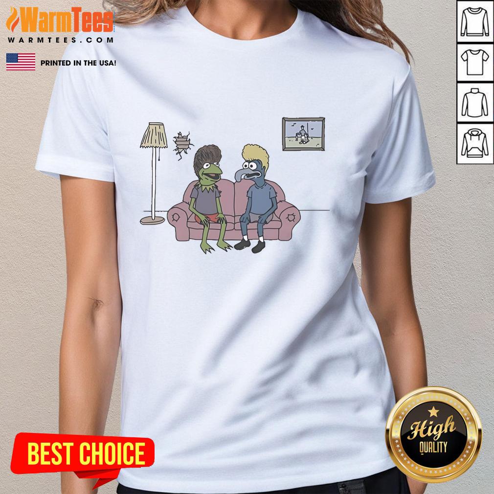 Nice Potent Frog Cartoon Ladies Tee Colorful cartoon frog graphic on a ladies tee, perfect for frog lovers and casual wear enthusiasts.