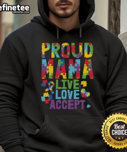 Alt Text: Proud mama wearing an Autism Awareness hoodie with a puzzle ribbon design, promoting love and acceptance.