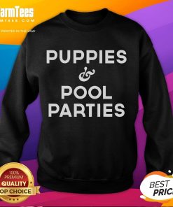 Alt Text: Cozy sweatshirt featuring cute puppies at pool parties, perfect for pet lovers and casual summer wear.