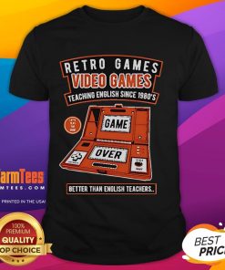 Retro video games T-shirt design featuring 'Teaching English Since 1980s' slogan, ideal for gaming and English enthusiasts.