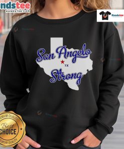 Cozy Nice San Angelo Strong Texas sweatshirt in navy blue, featuring a bold Texas graphic design.