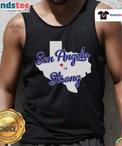 Stylish Nice San Angelo Strong Texas tank top displayed on a hanger, perfect for summer fashion enthusiasts.