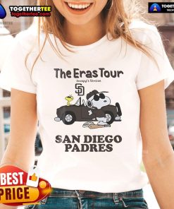 Alt Text: San Diego Padres 'The Eras Tour' Snoopy ladies tee featuring vibrant graphics and stylish design for fans.