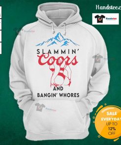 Stylish Nice Slammin Coors and Bangin Whores hoodie displayed on a model, perfect for casual outings and beer lovers.