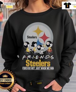 Alt Text: Snoopy and Peanuts characters on a Pittsburgh Steelers sweatshirt, celebrating friendship in sports, 'Friends Forever' design.