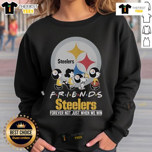 Alt Text: Snoopy and Peanuts characters on a Pittsburgh Steelers sweatshirt, celebrating friendship in sports, 'Friends Forever' design.
