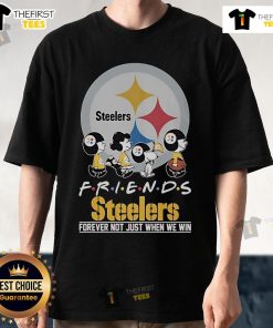 Alt Text: Snoopy and Peanuts characters on a Pittsburgh Steelers 'Friends Forever' T-shirt, celebrating loyalty beyond victories.