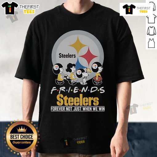 Alt Text: Snoopy and Peanuts characters on a Pittsburgh Steelers 'Friends Forever' T-shirt, celebrating loyalty beyond victories.