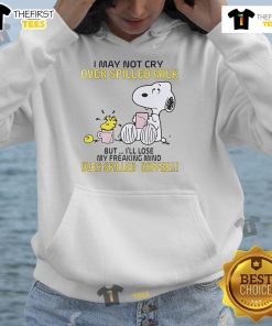 Snoopy hoodie with text 'I may not cry over spilled milk, but Ill lose my mind over spilled coffee' in vibrant colors.