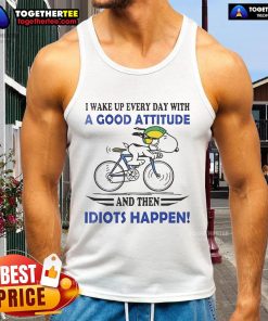 Tank top featuring Snoopy with the quote about waking up with a good attitude, perfect for casual, humorous wear.