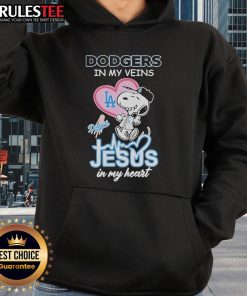 Nice Snoopy The Peanuts hoodie with 'Los Angeles Dodgers in my veins, Jesus in my heart' design, perfect for fans.