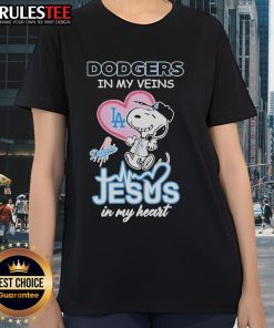 Nice Snoopy The Peanuts Dodgers tee for ladies, featuring 'Jesus In My Heart' design, perfect for baseball fans.