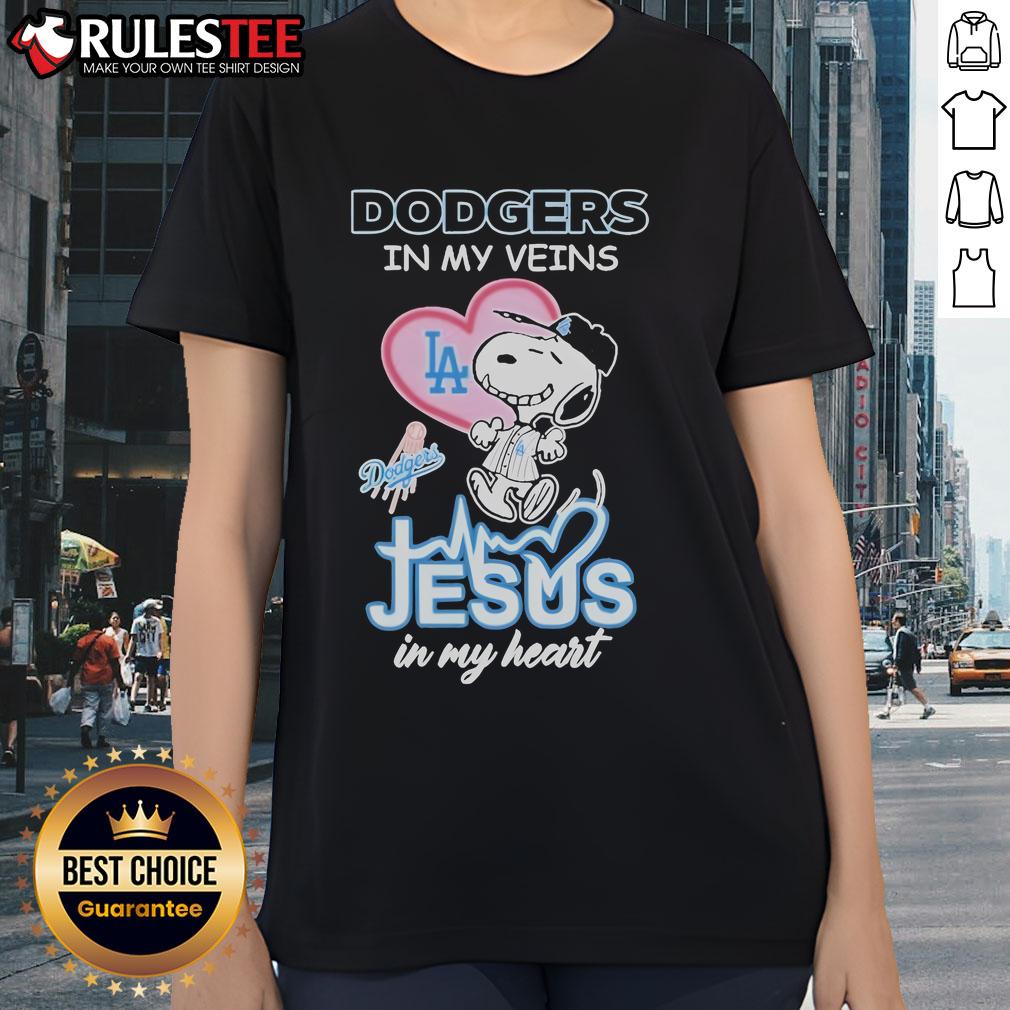 Nice Snoopy The Peanuts Los Angeles Dodgers In My Veins Jesus In My Heart Ladies-Tee Nice Snoopy The Peanuts Dodgers tee for ladies, featuring 'Jesus In My Heart' design, perfect for baseball fans.