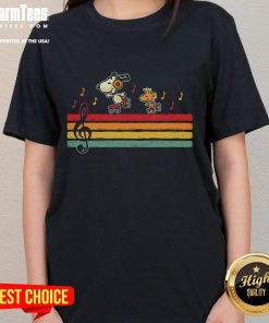 Nice Snoopy Woodstock Retro Beats Ladies Tee featuring vibrant graphics of Snoopy and Woodstock in a stylish design.