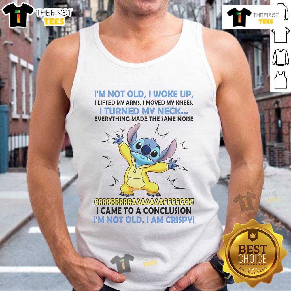 Nice Stitch I'M Not Old I Woke Up I Lifted My Arms Tank Top Alt Text: Woman wearing 'I'm Not Old, I Woke Up, I Lifted My Arms' tank top, showcasing a fun and humorous design.