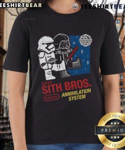 8-bit graphic of 'Nice Super Sith Bros Galactic Annihilation System' on a ladies tee, perfect for gamers and sci-fi fans.