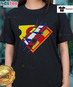 Alt Text: Stylish Nice Superman Premiere Logo Ladies Tee featuring a vibrant design perfect for fans and casual wear.