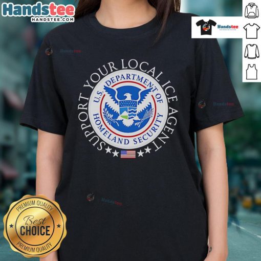 Alt Text: Ladies tee featuring 'Nice Support Your Local Ice Agent' back logo, perfect for ice enthusiasts and local supporters.