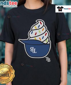 Alt Text: Ladies tee featuring Tampa Bay Rays ice cream helmet design, perfect for baseball fans and summer outings.