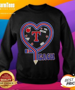 Cozy sweatshirt featuring a heart and pencil design for Texas Rangers baseball lovers, perfect for teaching.
