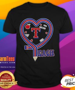 Texas Rangers baseball love teaching heart pencil t-shirt design featuring vibrant colors and a playful graphic.