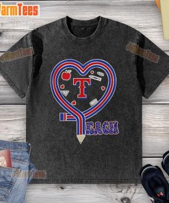 Alt Text: Nice Texas Rangers baseball love teaching heart pencil washed t-shirt showcasing vibrant team spirit and comfort.