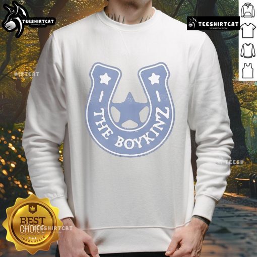 Alt Text: Boykinz sweatshirt featuring a cowboy and horseshoe design, perfect for dog lovers and Western fashion enthusiasts.