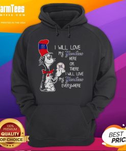 Alt Text: Cozy hoodie featuring 'I Will Love My Yankees Here or There' text with a playful cat in a hat design.