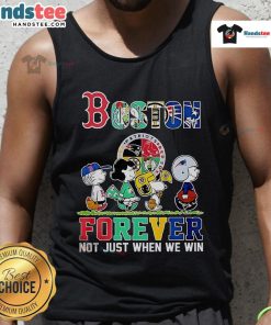 Alt Text: Nice The Peanuts Boston sports teams tank top featuring 'Crossing Forever, Not Just When We Win' slogan.