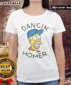 Dancin' Homer graphic on a ladies tee from The Simpsons, featuring vibrant colors and fun character design.