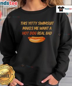 Nice Yitty swimsuit with a playful sweatshirt design, perfect for summer fun and hot dog cravings by the beach.