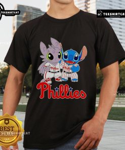 Alt Text: Cute Toothless Night Fury and Stitch graphic on a Philadelphia Phillies T-shirt, perfect for fans and collectors.