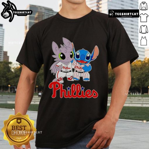 Alt Text: Cute Toothless Night Fury and Stitch graphic on a Philadelphia Phillies T-shirt, perfect for fans and collectors.