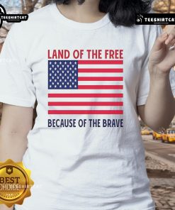 Vivek Ramaswamy wearing a Land of the Free Because of the Brave ladies tee, showcasing patriotic style and pride.