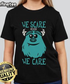 Nice We Scare Because We Care Ladies Tee featuring a spooky design perfect for Halloween celebrations.