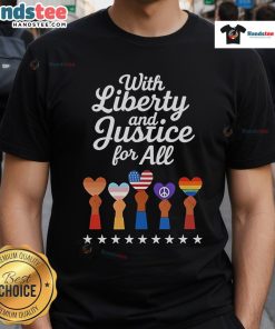 Alt Text: Nice With Liberty And Justice For All Logos T-Shirt featuring patriotic designs and vibrant colors for casual wear.