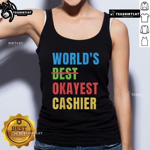 Alt Text: Nice Worlds Okayest Cashier Tank Top featuring a humorous graphic design, perfect for casual wear and gift ideas.