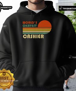 Alt Text: Vintage striped sunset hoodie with Nice World's Okayest Cashier print, perfect for casual wear and unique style.