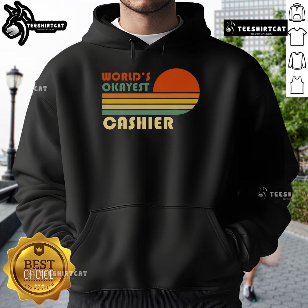 Nice World'S Okayest Cashier Vintage Stripe Sunset Hoodie Alt Text: Vintage striped sunset hoodie with Nice World's Okayest Cashier print, perfect for casual wear and unique style.