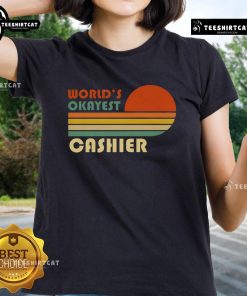 Vintage stripe sunset ladies tee featuring 'Nice World's Okayest Cashier' design, perfect for casual wear.