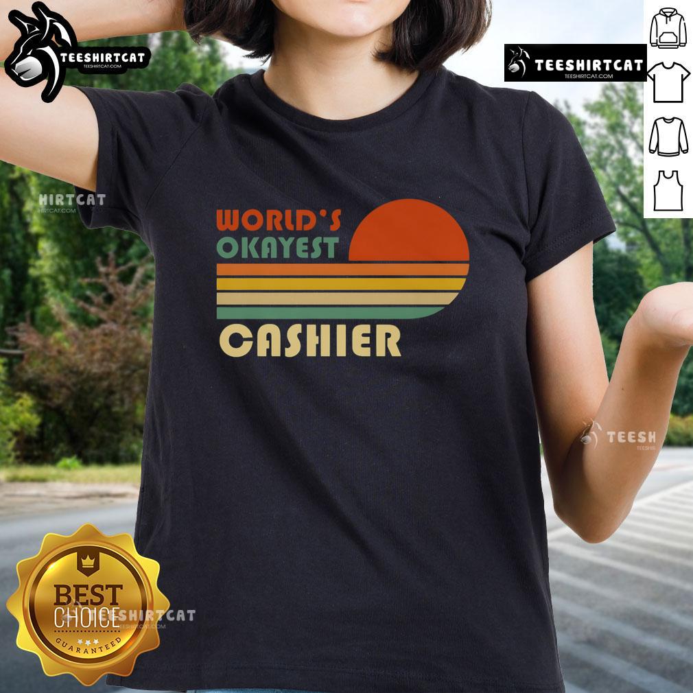 Nice World'S Okayest Cashier Vintage Stripe Sunset Ladies Tee Vintage stripe sunset ladies tee featuring 'Nice World's Okayest Cashier' design, perfect for casual wear.