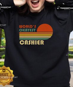 Alt Text: Vintage striped sunset sweatshirt featuring Nice World's Okayest Cashier text, perfect for casual wear.