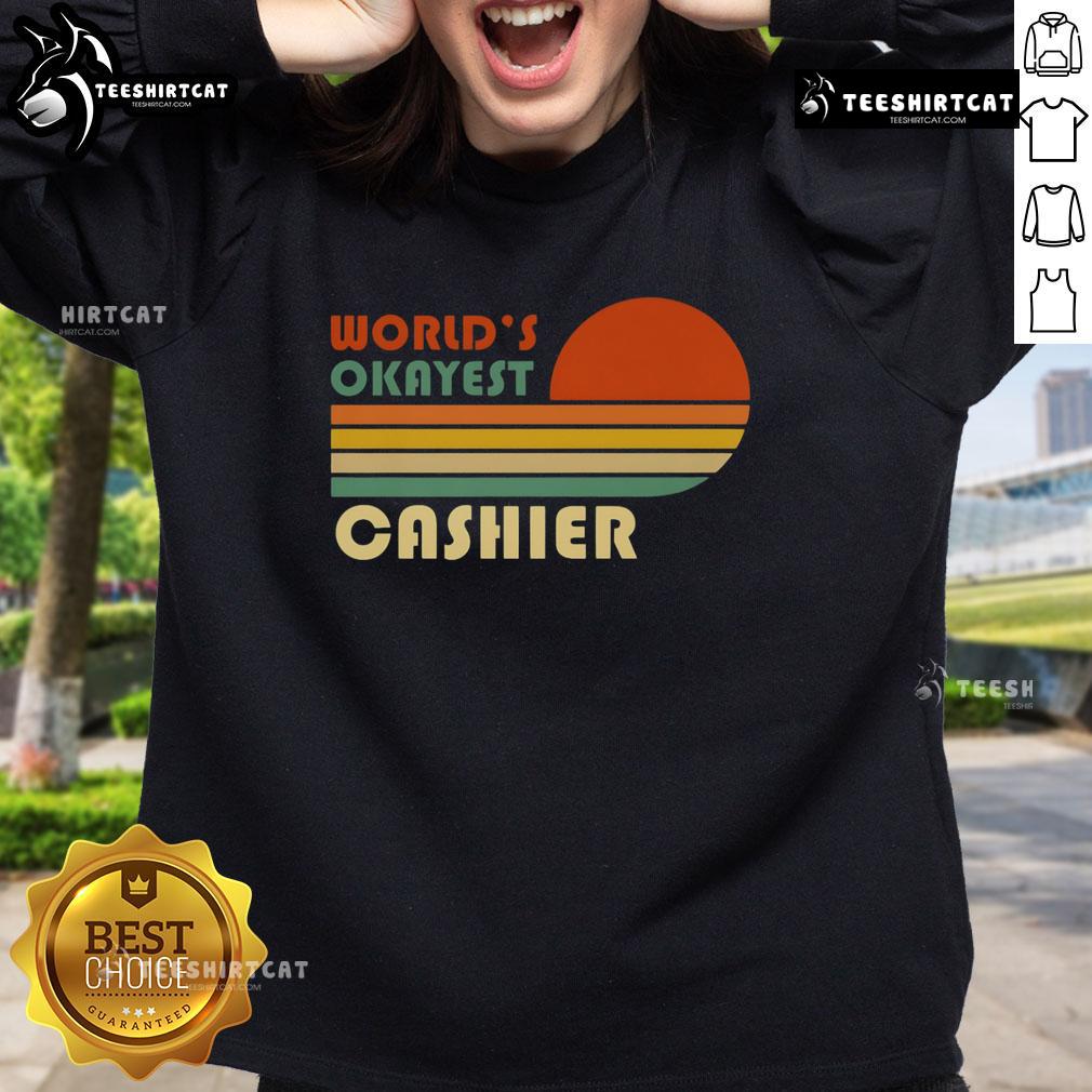 Nice World'S Okayest Cashier Vintage Stripe Sunset Sweatshirt Alt Text: Vintage striped sunset sweatshirt featuring Nice World's Okayest Cashier text, perfect for casual wear.