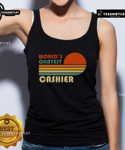 Alt Text: Vintage striped sunset tank top featuring Nice World's Okayest Cashier design, perfect for casual summer wear.