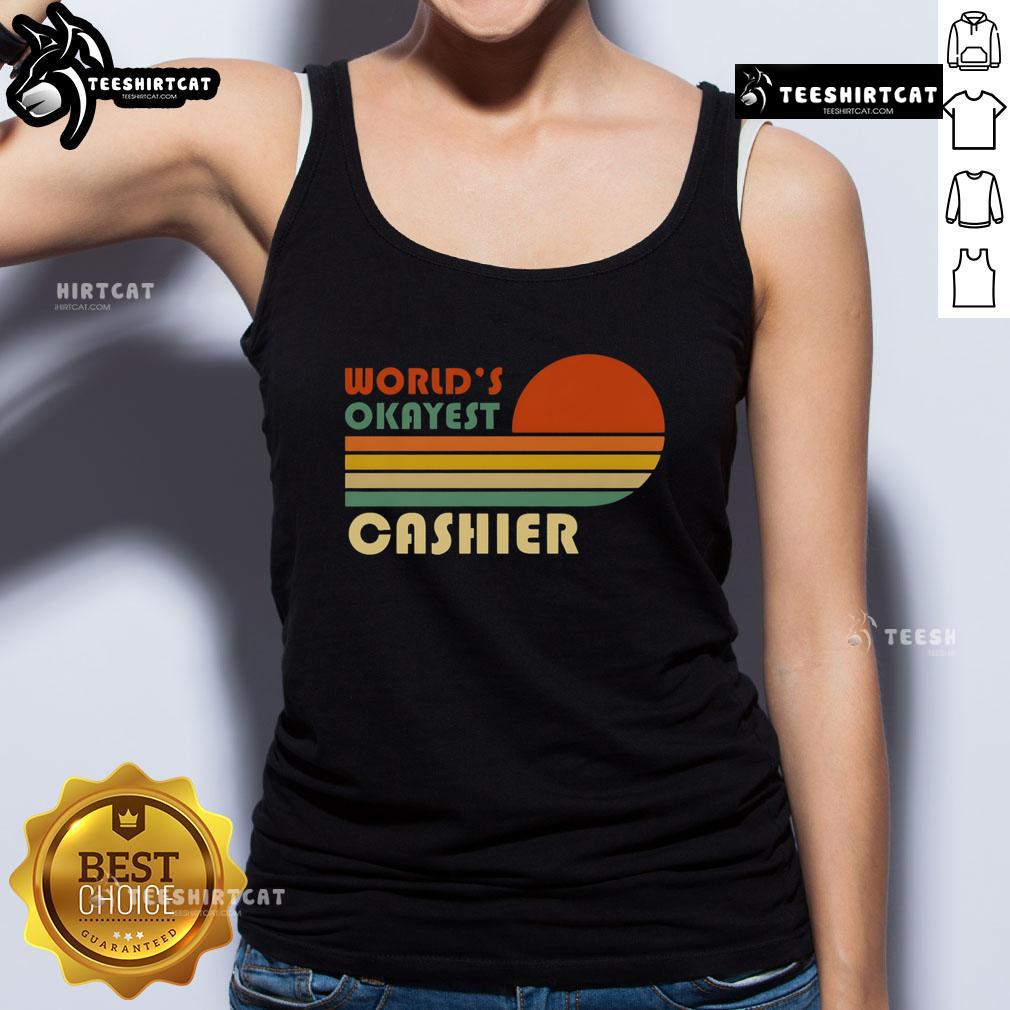 Nice World'S Okayest Cashier Vintage Stripe Sunset Tank Top Alt Text: Vintage striped sunset tank top featuring Nice World's Okayest Cashier design, perfect for casual summer wear.