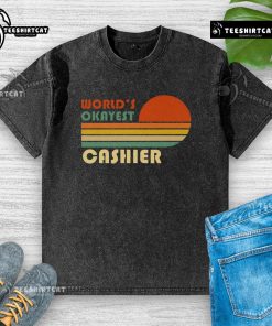 Vintage striped sunset washed t-shirt featuring 'Nice World's Okayest Cashier' design, perfect for casual wear.
