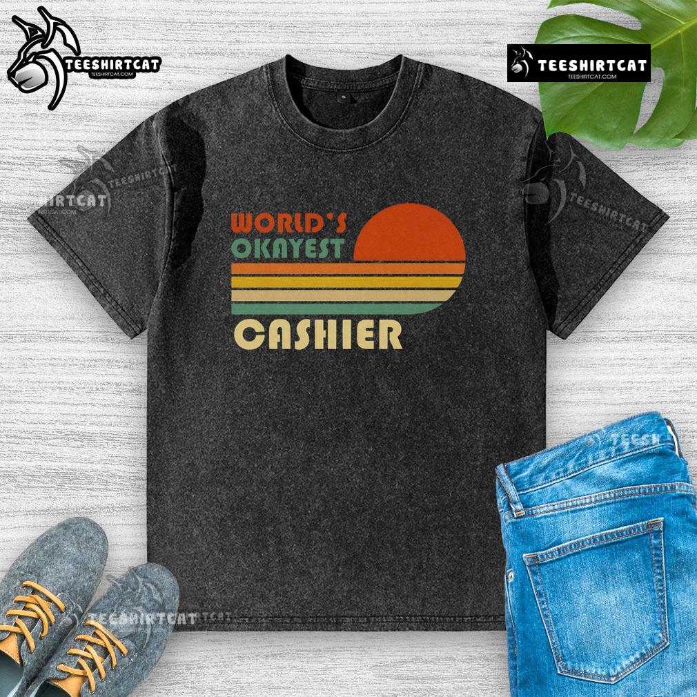Nice World'S Okayest Cashier Vintage Stripe Sunset Washed T Shirt Vintage striped sunset washed t-shirt featuring 'Nice World's Okayest Cashier' design, perfect for casual wear.